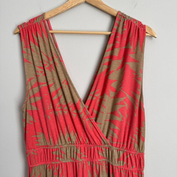 Floral Maxi Dress Size Large Tan Coral Tropical Vacation Resortwear Beachy - Picture 2 of 11